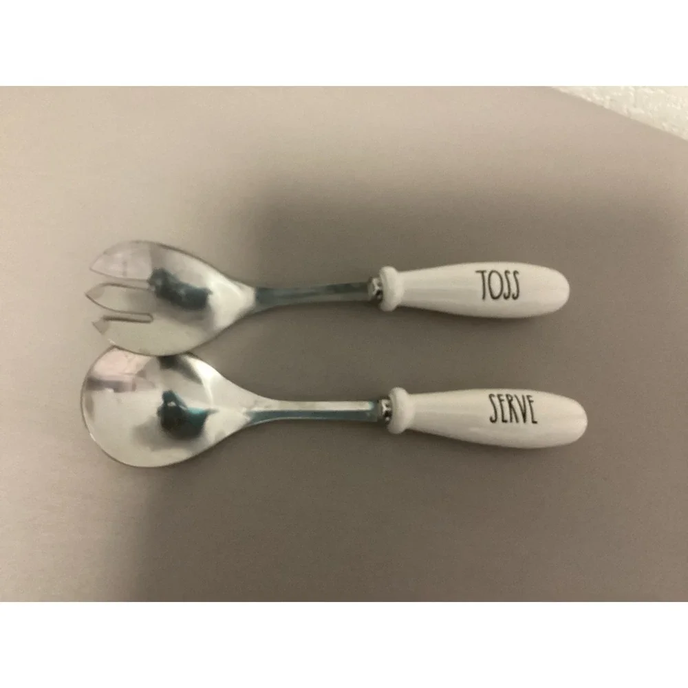 Rae Dunn Salad Servers Unisex OS White Silver Toss Serve Stainless Ceramic 2pc